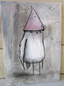 Original acrylic collage mixed media painting bird with pink hat