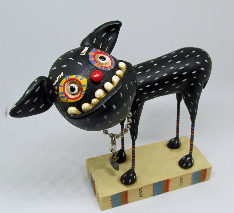 Black dog FOLK ART style with trinkets AMAZING primitive art