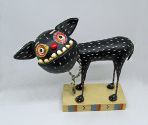 Black dog FOLK ART style with trinkets AMAZING primitive art