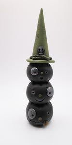 Halloween folk art black pumpkin stack with witch hat