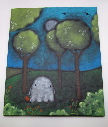 Halloween folk art ghost in flight with fall bouquet and moon