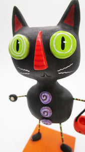 Halloween folk art style black cat BOO! with little jol bucket