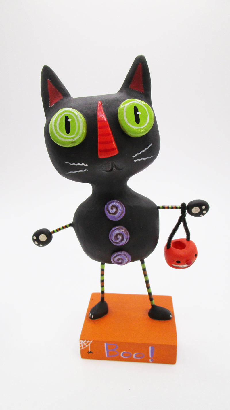 Halloween folk art style black cat BOO! with little jol bucket