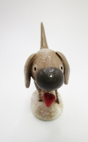 Dog folk art character DOG dark beige with white spots and heart charm