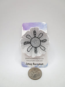 Pin - brooch flower with detailed doodle like drawing misc