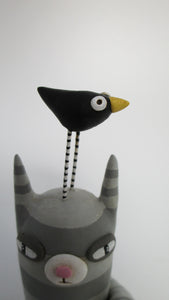 Folk art gray cat with bird on his head fun art character misc