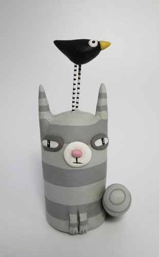 Folk art gray cat with bird on his head fun art character misc