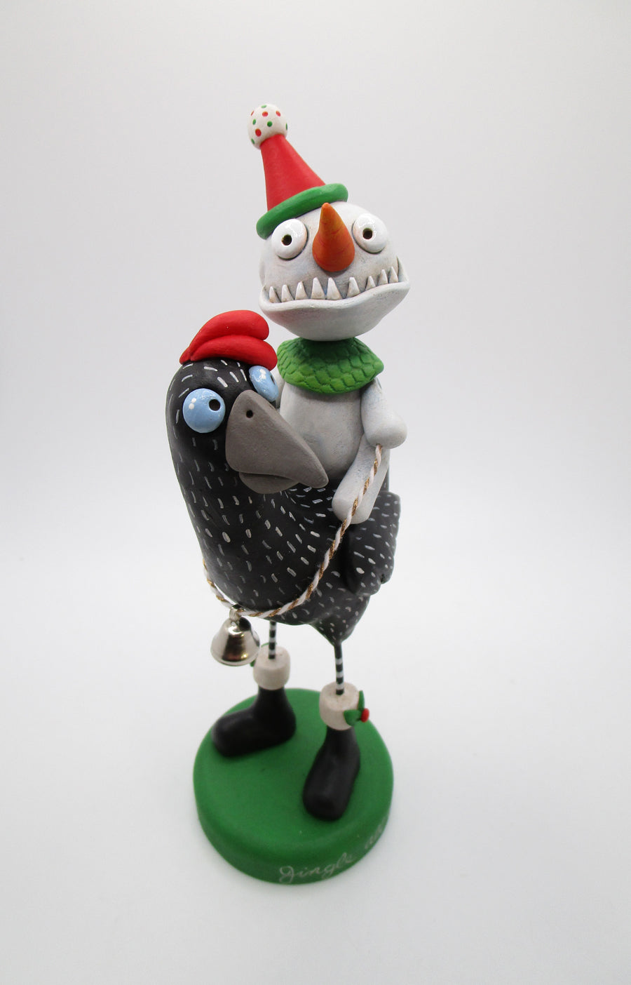 Christmas folk art creepy snowman riding a chicken 