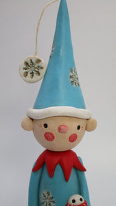 Christmas folk art Elf petite with snowman and silly snowflake hat