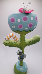 Large unique flower with creatures on "earth" ball base - paper clay
