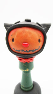 Halloween folk art game piece Pumpkin with black cat hat