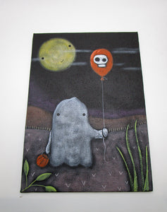 Halloween folk art painting featuring ghost with skull balloon