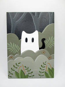 Halloween painting cat wearing ghost costume peeking out of foliage