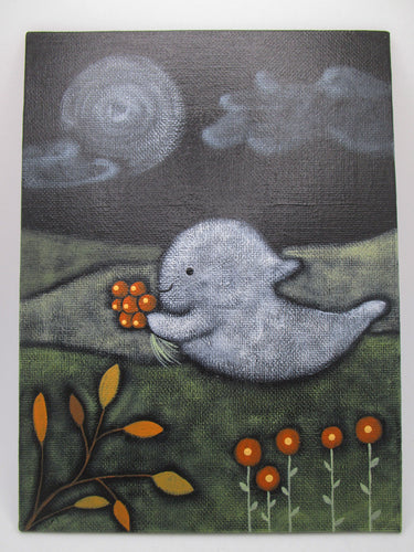 Halloween folk art ghost in flight with fall bouquet and moon