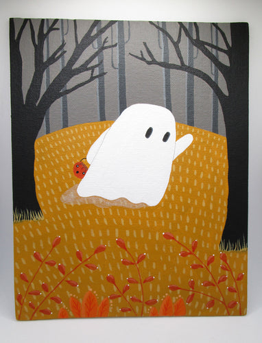 Halloween folk art ghost in the woods painting 8 x 10