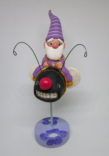 Spring FOLK ART Gnome riding bumble bee