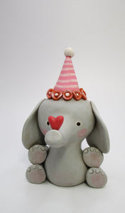 Valentines folk art Elephant with cute floral hat and heart on her nose