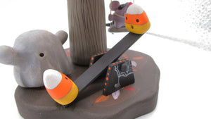 Large Halloween folk art FUN playful scene - ghost + candy corn + mouse