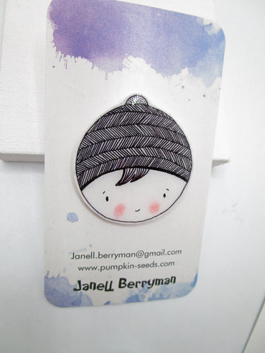 Pin brooch hand drawn girl in a beanie ready to wear! misc