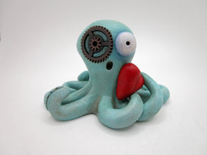 Octopus steampunk teal blue with red heart Valentine?