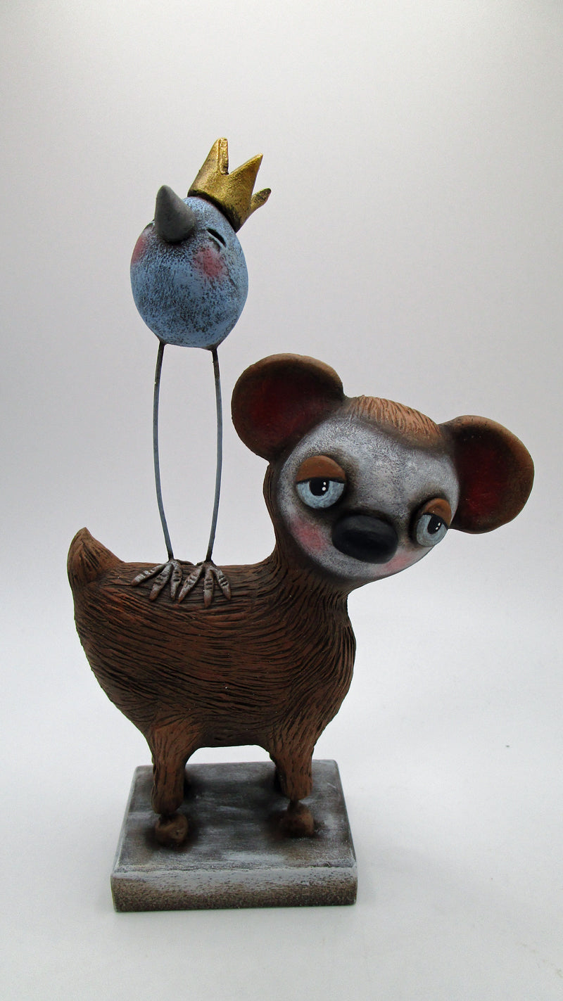 bear and bird with crown art character - paper clay