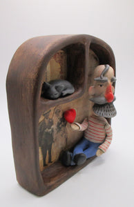 Handcrafted collage box with folk art man sitting inside with cat and love - paper clay
