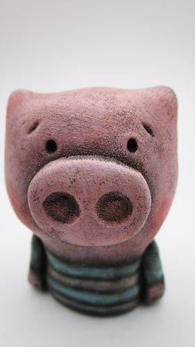 Folk art style Spring time little piggy with aqua and white striped shirt - paper clay