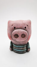 Folk art style Spring time little piggy with aqua and white striped shirt - paper clay