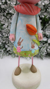 Easter folk art style piggy with tulip and dancing bunny dress - paper clay
