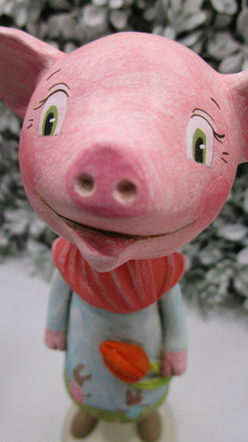 Easter folk art style piggy with tulip and dancing bunny dress - paper clay
