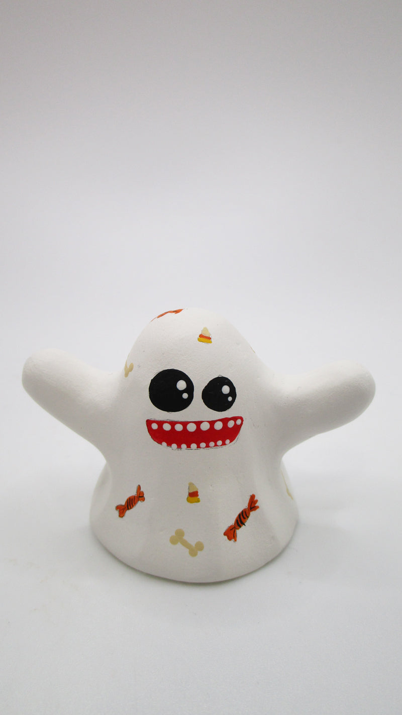 Halloween folk art small ghost with red mouth and candy design - paper clay