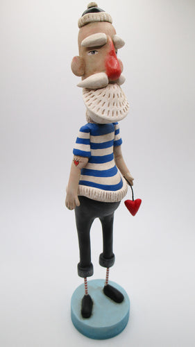 Tattooed Sailor style folk art man with heart charm and beard - paper clay