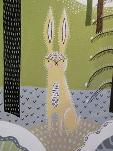 Folk art style painting of rabbit in the woods
