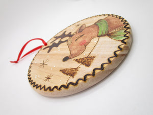 Christmas ornament wood with reindeer and snow scene PYROGRAPHY