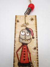 Robot woodburned Christmas ornament ready to hang robot with Santa hat and suit