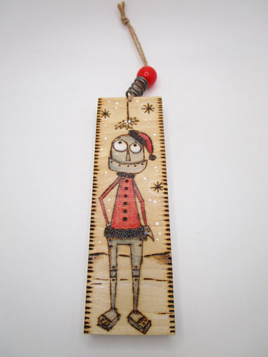 Robot woodburned Christmas ornament ready to hang robot with Santa hat and suit