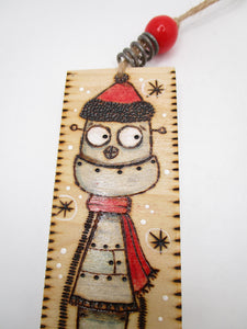 Robot woodburned Christmas ornament ready to hang robot with Santa hat
