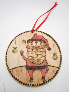 Christmas woodburned ornament Santa ready to hang