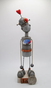 Valentine love robot with heart eyes ball and chain arms – pumpkinseeds  folk art by janell berryman