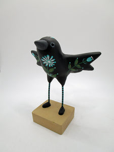 Paper clay folk art style black bird with TEAL flowers and leaf design misc