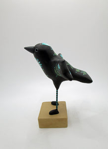 Paper clay folk art style black bird with TEAL flowers and leaf design misc