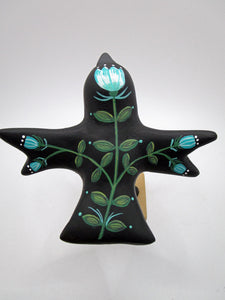 Paper clay folk art style black bird with TEAL flowers and leaf design misc