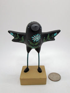 Paper clay folk art style black bird with TEAL flowers and leaf design misc