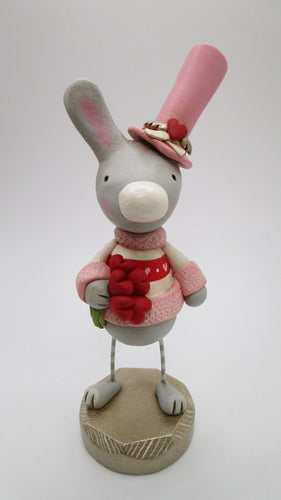 Valentines all decked out Bunny with heart bouquet and top hat