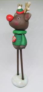 CHRISTMAS TALL reindeer with green sweater tall piece with wooden legs!