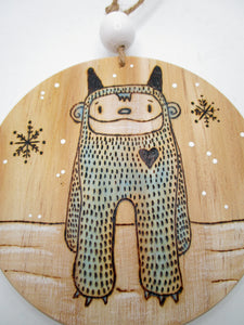 Christmas woodburn pyrography ornament YETI character