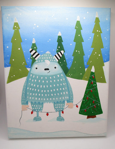 Painting Christmas original acrylic painting YETI decorates his tree
